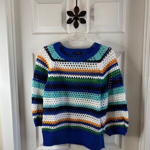 Tribal Multi-Color Striped Sweater 3/4 Sleeves Open Weave  Like New Size Large